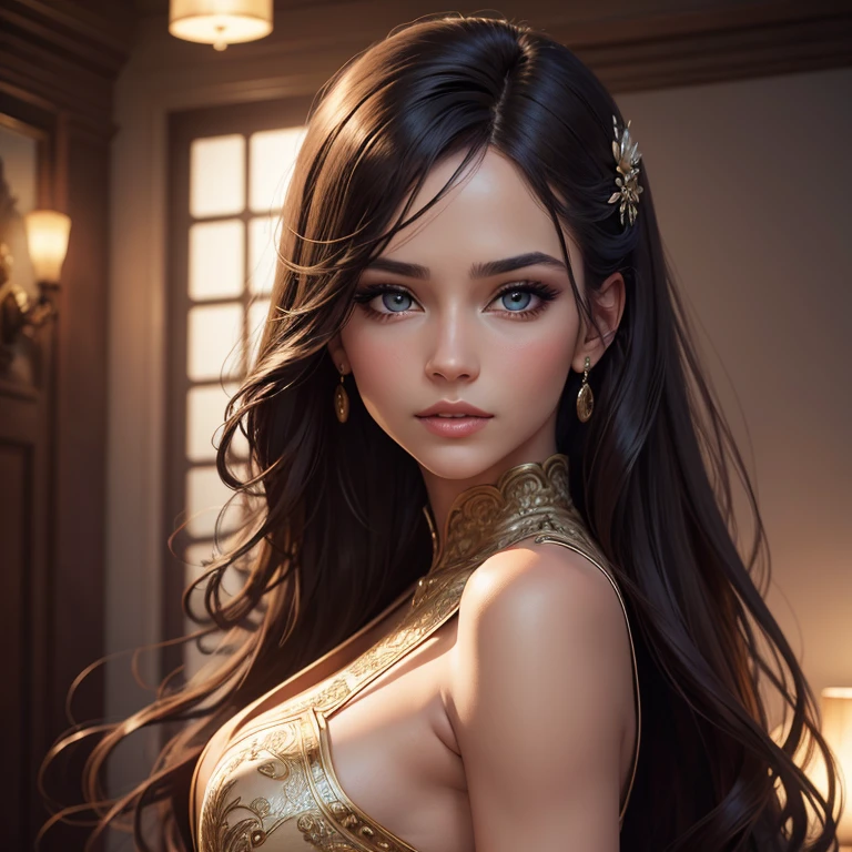 a beautiful woman wearing an elegant evening dress, detailed realistic portrait, realistic detailed eyes, lips, skin texture, high quality, photorealistic, intricate fabric details, shimmering satin, flowing design, cinched waist, dramatic lighting, warm tones, glowing skin, detailed hair, beautiful