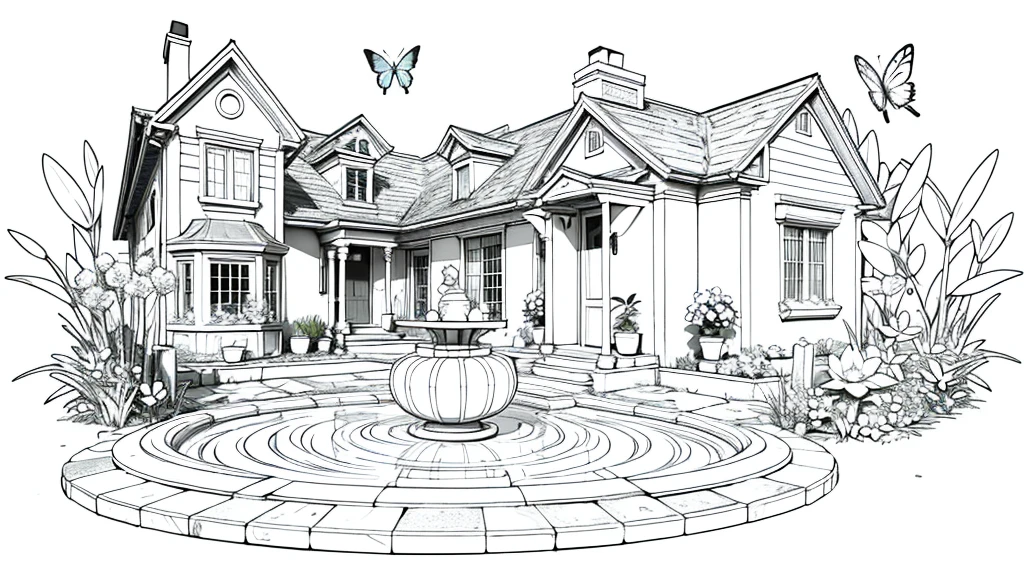 A cat exploring a garden full of flowers, butterflies, and a birdbath. line art, cartoon character, 3d style, high-quality, coloring book, hand-draw.