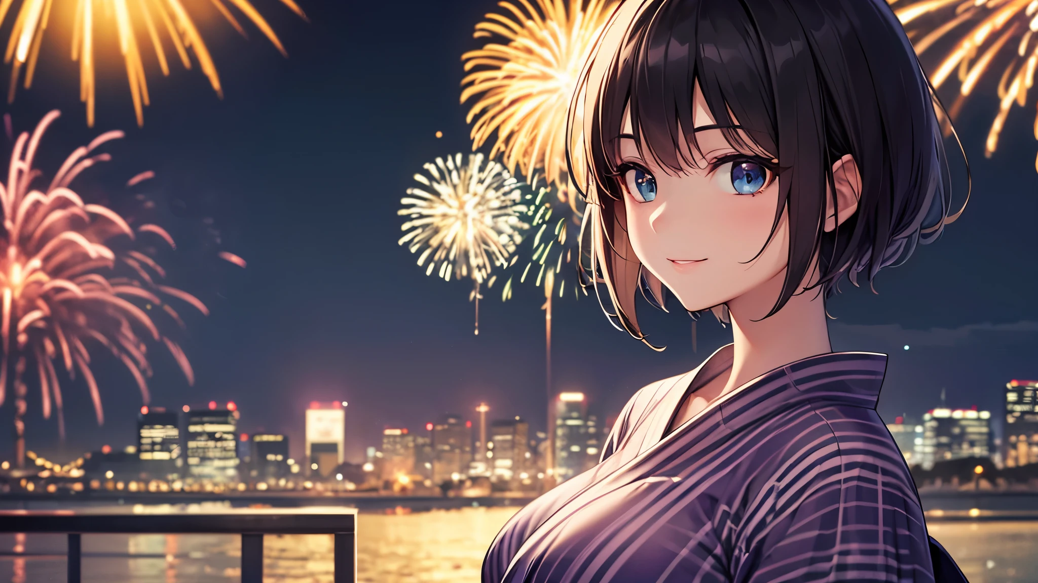 Highest quality, 8K, 4K, High resolution, (Beautifully detailed face), High Contrast, night , firework , The upper body is visible,1girl,only,short hair,Colorful and clear eyes,Upper Eye,smile,She has big breasts,２０generation,yukata