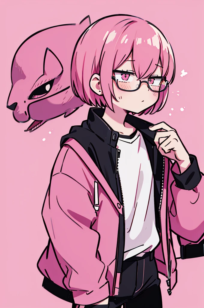 black pants, Sharp image, man, pink hair, wearing a pink jacket. , has a dull, bored face, wears round glasses, has short, neat hair,