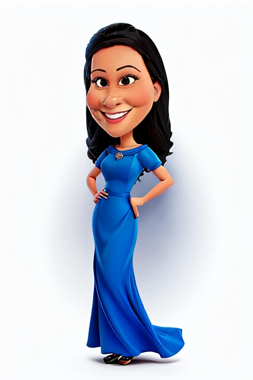 cartoon woman in blue dress with a big smile on her face, caricature style, caricature, caricature illustration, Detailed dress and face, caricature, in cartoon style, caricature, caricature!!!, stylized portrait formal pose, face and full body portrait, Cartoon portrait, Full-body close-up, female figure in maxi dress, digital art of an elegant