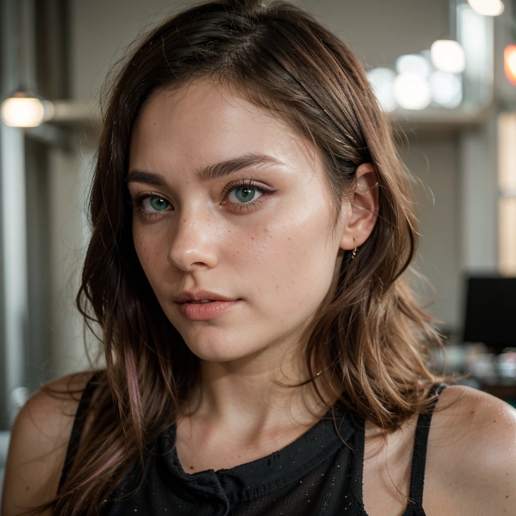 Beautiful white skin woman aged 20, long light pastel pink hair, green blue eyes, breasts ((85C)), thin face, small freckle, eyeline, mascara, slight smile, ((Lauren Burch)), ((elegant outfit)), 4k, Ultra high resolution, ((Hyperrealism)), LUT from Instagram, Cinematic light, masterpiece, best quality, ultra-detailed, contrast, clear sky, elegant outfit, night, analog style (look at viewer:1.2) (skin texture) (film grain:1.0), (warm hue, warm tone)