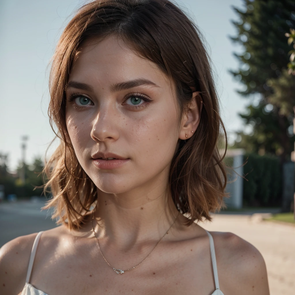 Beautiful white skin woman aged 20, long light pastel pink hair, green blue eyes, breasts ((85C)), thin face, small freckle, eyeline, mascara, slight smile, ((Lauren Burch)), ((elegant outfit)), 4k, Ultra high resolution, ((Hyperrealism)), LUT from Instagram, Cinematic light, masterpiece, best quality, ultra-detailed, contrast, clear sky, elegant outfit, night, analog style (look at viewer:1.2) (skin texture) (film grain:1.0), (warm hue, warm tone)