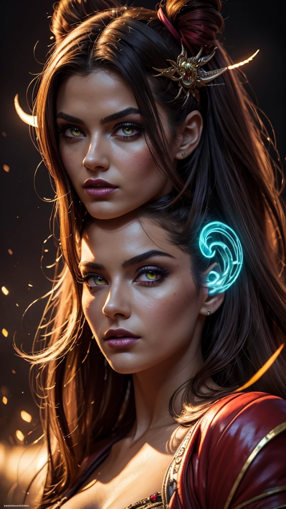 (((Masterpiece))), Best Quality, Hyper Detailed Gouache Style Painting Portrait of a Group of Enchanting Female Demons, Glowing Red/Yellow Eyes, Smooth Shadows, Hyper Realistic Textures, 8K, Best Quality, Realistic Cartoony Features, Stylized Illustration, Smooth Shadows, Correct Anatomy, Chromatic Aberration, Neon Highlights, Global Warm Lights, Dynamic Poses, Expressive Facial Expressions. This artwork, a testament to the artist's mastery, showcases a captivating ensemble of female demons. Their eyes glow with an otherworldly rad