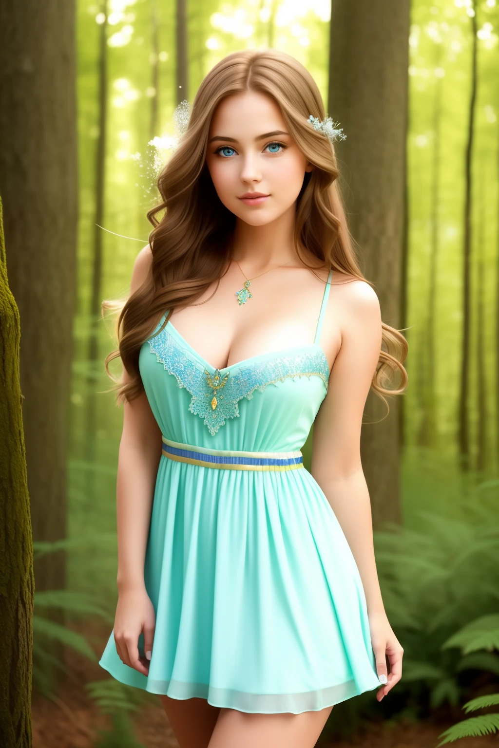 "Capture a mesmerizing masterpiece in ultra-high resolution, imitating the precision of professional photography. The image portrays a captivating, gentle girl with hyper-realistic facial details, standing amidst a enchanting fairy forest. The forest is bathed in a radiant rainbow of light, and the girl is illuminated from within, her ethereal beauty resonating. Dressed in a seductive, revealing short dress that hugs her figure, the girl's long, flowing light brown hair cascades around her, and her sky-blue eyes gaze intently into the camera. Her seductive allure is accentuated by her curvaceous, gorgeous legs and amazing
