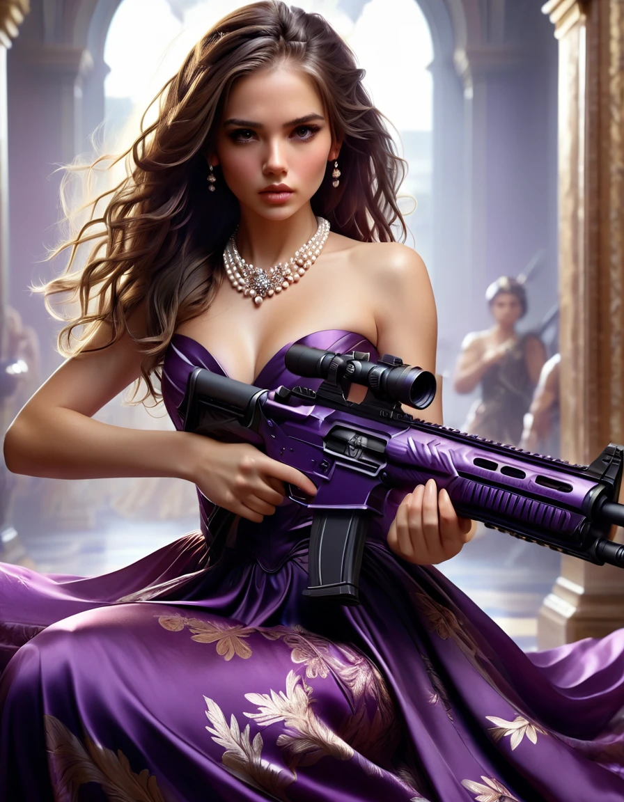 Young and stunningly beautiful female warrior in deep purple camouflage satin floor-length evening dress, ideal proportions, wearing a large pearl necklace and luxurious accessories, crouching, carrying an assault rifle, tense expression, detailed face and eyes, flawless skin, flowing hair, graceful posture, photorealistic and cinematic lighting, dramatic fantasy, highly detailed, 8k, masterpiece