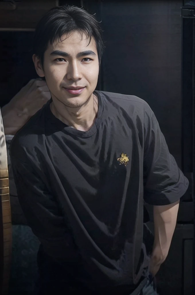 A Chinese man,Around forty years old,Front spiky black hair,Slightly plump and sturdy,A big smile,Wearing the clothes of Captain Jack of the Caribbean,Working in the human resources industry