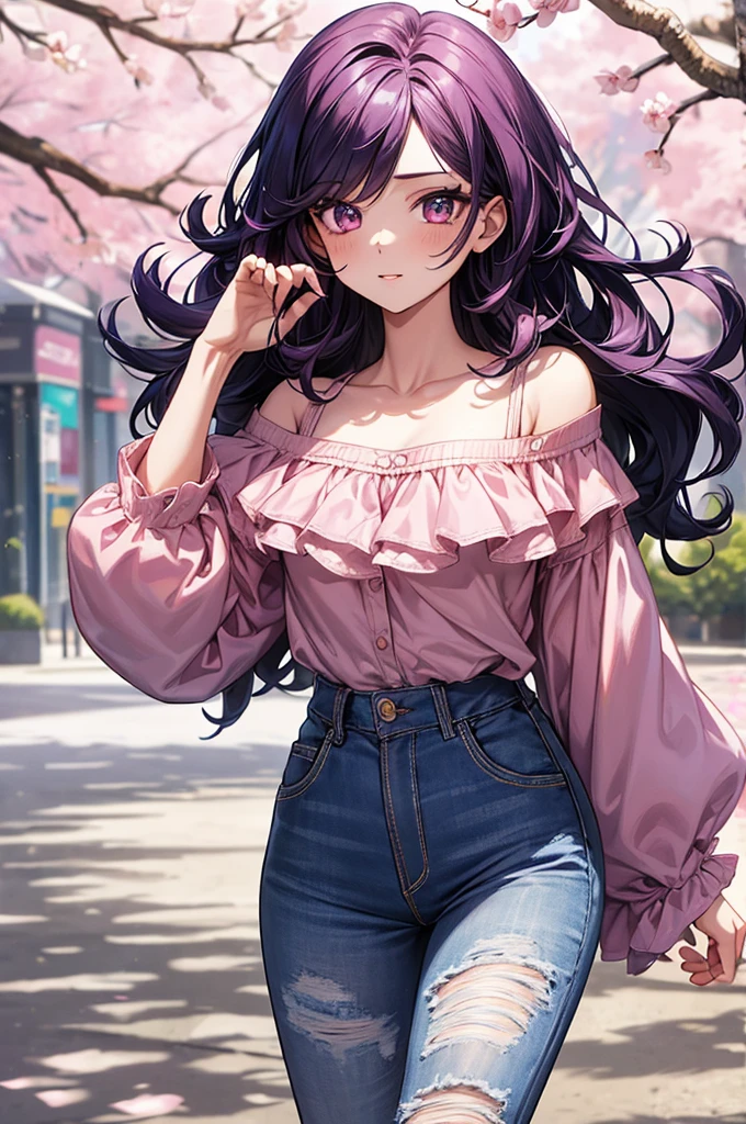 1girl, holding up a sapphire flower over her mouth, black pink hair ombre, park with cherry blossom background, harajuku style fashion, off shoulder, short jeans pants, halfbody, hair flow