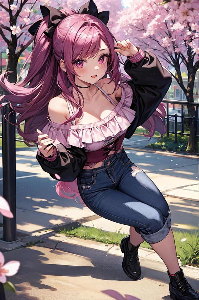 1girl, holding up a sapphire flower over her mouth, black pink hair ombre, park with cherry blossom background, harajuku style fashion, off shoulder, short jeans pants, halfbody, hair flow