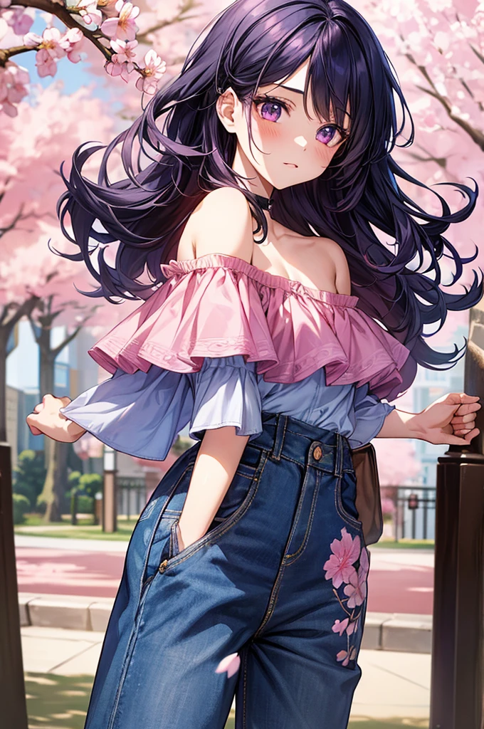 1girl, holding up a sapphire flower over her mouth, black pink hair ombre, park with cherry blossom background, harajuku style fashion, off shoulder, short jeans pants, halfbody, hair flow
