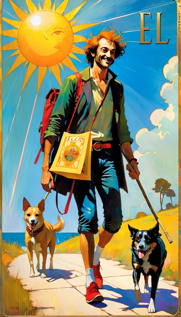 tarot card, the fool, happy man next to a dog walks with a bag tied to a stick, bright sun, tarot card frames ((text on card: "EL LOCO")) (art inspired by Bill Sienkiewicz). bright colors, oil painting)
