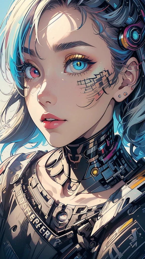 (((masterpiece, highest quality))),(((solo:1.2))),(((1girl:1.2))),32k wallpaper, very detailed,(((((portfolio))))),(((((Close-up))))),(((((bust up))))),((((more various angle)))),(((highlight))),((((heterochromia)))),(((complete. detailed face))),((((Extremely talented)))),(((((most complicated machine))))),(((genius mechanic))),((Overall colorfully)),(((cyborg))),(((text))),(((typography)))
