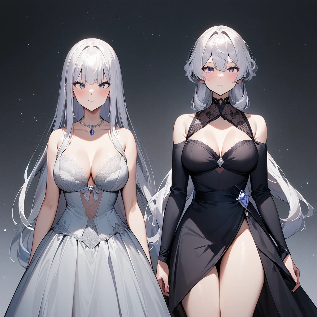 nafw,(2 girls:1.3),(duo),breast,absurdres,best quality,very aesthetic,absurdres,bra,(light silver White hair),太もも,(purple),(straight-on),(long hair),(gown),(bare breasts),(huge)