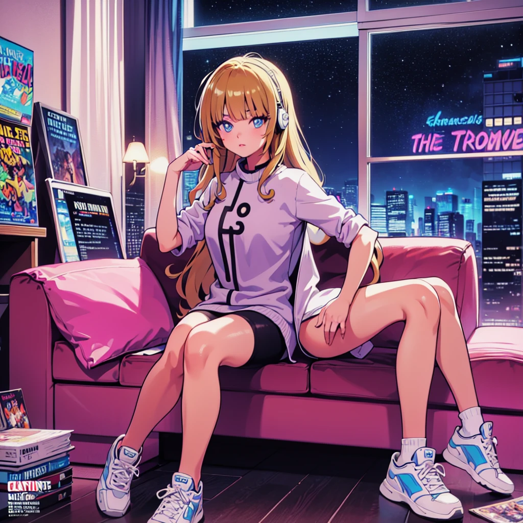 (masterpiece), Highest quality, Expressive eyes, Neon pastel aesthetics, Retro 90s, Neon color,((Girl sitting on sofa,In a cozy room,Records hanging on her wall, Comic books on the floor, Looking out the window behind her at the night city, Upholstered room, Anime figures lined up on a shelf)), Wearing headphones, (All around her it sparkles), (wearing thick colorful sneakers), (blue eyes), (Soft look), (Synthwave Art Style), Colorful Hair, Desk with PC set up