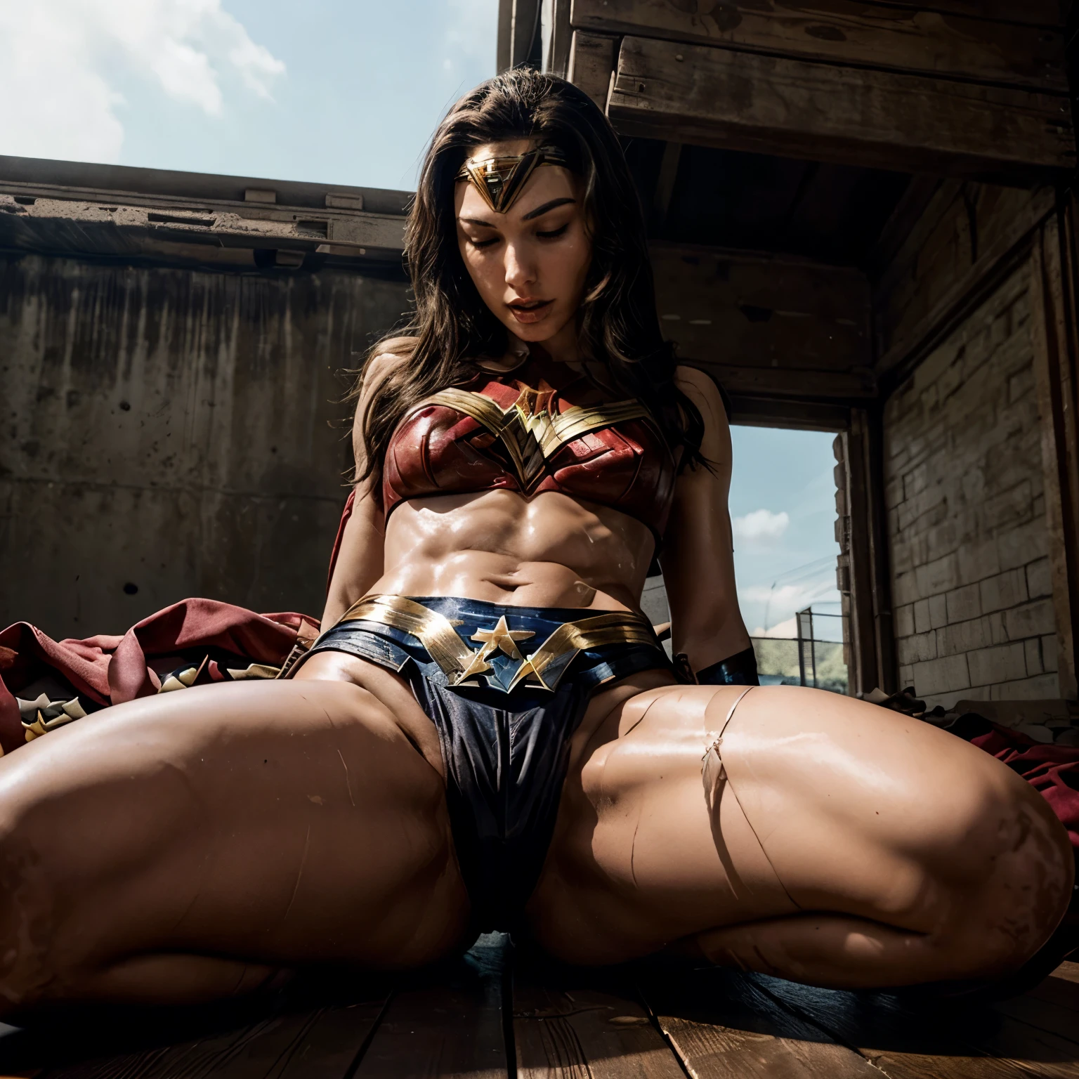 (closed eyes Gal Gadot open thighs),(lying WonderWoman manspread),shibari,solo,(torn costumes),bikini,coverd nipples,(white panties),abs,damage, injuries, blood, bruises,(shoot from below),