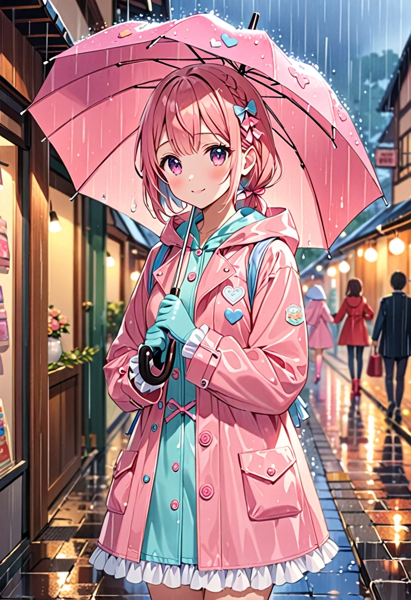 Highest quality、High resolution、Detailed Background、Beautiful face in every detail、Teenage beauty、Cute hair colour、Braided Ponytail、Braided bob cut、Cute hairstyle、well-groomed eyebrows、Cute gestures、

A girl happily waiting for someone even in the rain、
A small back holding an umbrella、I&#39;m lonely by myself but I&#39;m waiting、Until someone comes、
Wet ground beneath my feet、Above is the sound of rain from the sky、But I&#39;m waiting、Without hesitation、
だって約束したhour間、もうすぐ来るはずだからI&#39;ll be waiting、I want to be no longer alone、
Dripping rain、hour々Blowing in the Wind、But I won&#39;t leave you、I&#39;ll be waiting、
Until someone comes、It&#39;s lonely being alone、When that person comes, I can smile、

Pink or pastel colored raincoats for a feminine look、The frills and ribbons are the highlights.、
Choose rain boots in the same color as your raincoat、The heart and star shaped decorations are cute.、
Bring a cute umbrella with a unicorn or character design、Mitten-style gloves that allow you to expose your fingertips are convenient for playing freely.、
Stylish decorations with ribbons and frills、A warm knit hat with pom-poms and frills for an accent、
The colorful design creates a lovely atmosphere.