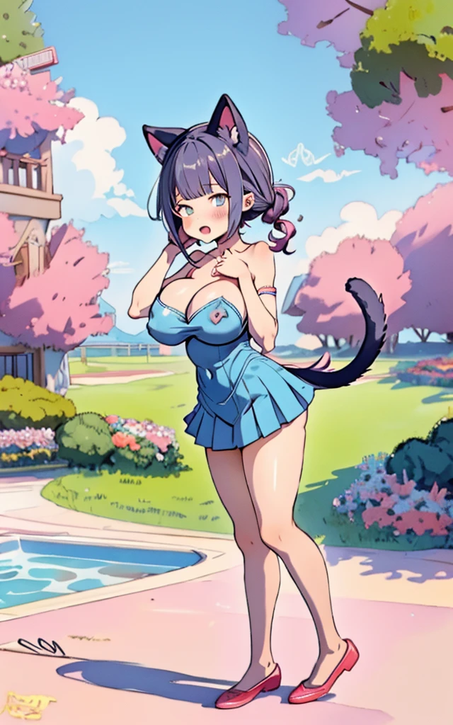 margie simpson, solo, animal ears, animal hands, tail, cat ears, blue hair, big hair, long hair, cat tail, breasts, claws, open mouth, hand on hip, fangs, full body, large breasts, fur, standing, signature, navel, cat girl, green eyes, mature woman, (shonen anime style, masterpiece, Best Quality, Extremely Detailed, Ultra Quality, 4k) nude, naked, large breasts, awe BREAK pink hair) sharp focus, full body portrait, full body photo, flat lighting, super beautiful sexy woman , very beautiful Greek woman, perfect body:1,1, 24 years old