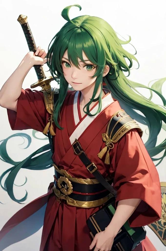 Wearing Japanese clothing、A teenage boy with long green hair and green eyes wearing a red bandana and carrying a sword