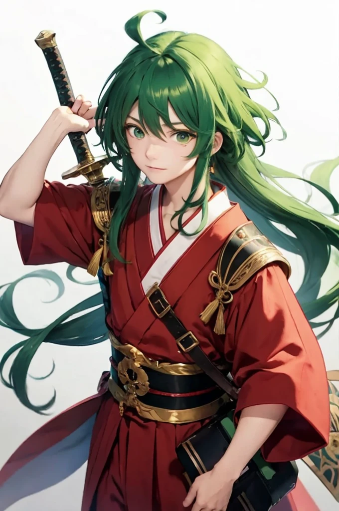 Wearing Japanese clothing、A teenage boy with long green hair and green eyes wearing a red bandana and carrying a sword