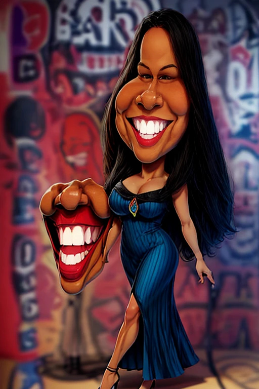 cartoon woman in blue dress with a big smile on her face, caricature style, caricature, caricature illustration, detailed dress and face, caricature, in cartoon style, caricature, caricature!!!, formal stylized portrait pose, face portrait and full body, cartoon portrait, full body close-up, female figure in maxi dress, digital art of a stylish,8k