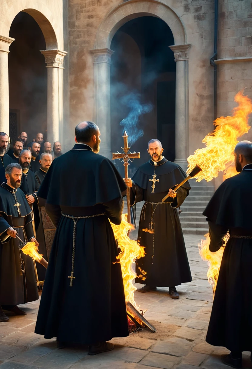 Medium plan.Torches. historically accurate Spanish priests 1400's, 8k, wide shot, cinematic composition, volumetric light, high detail, 8k, hdr, realistic, photography, angry and violent men, sunlight, cinematic, photorealistic, cinematic lighting, cinematic filter, sharp focus, teaching Naive Americans Christianity  