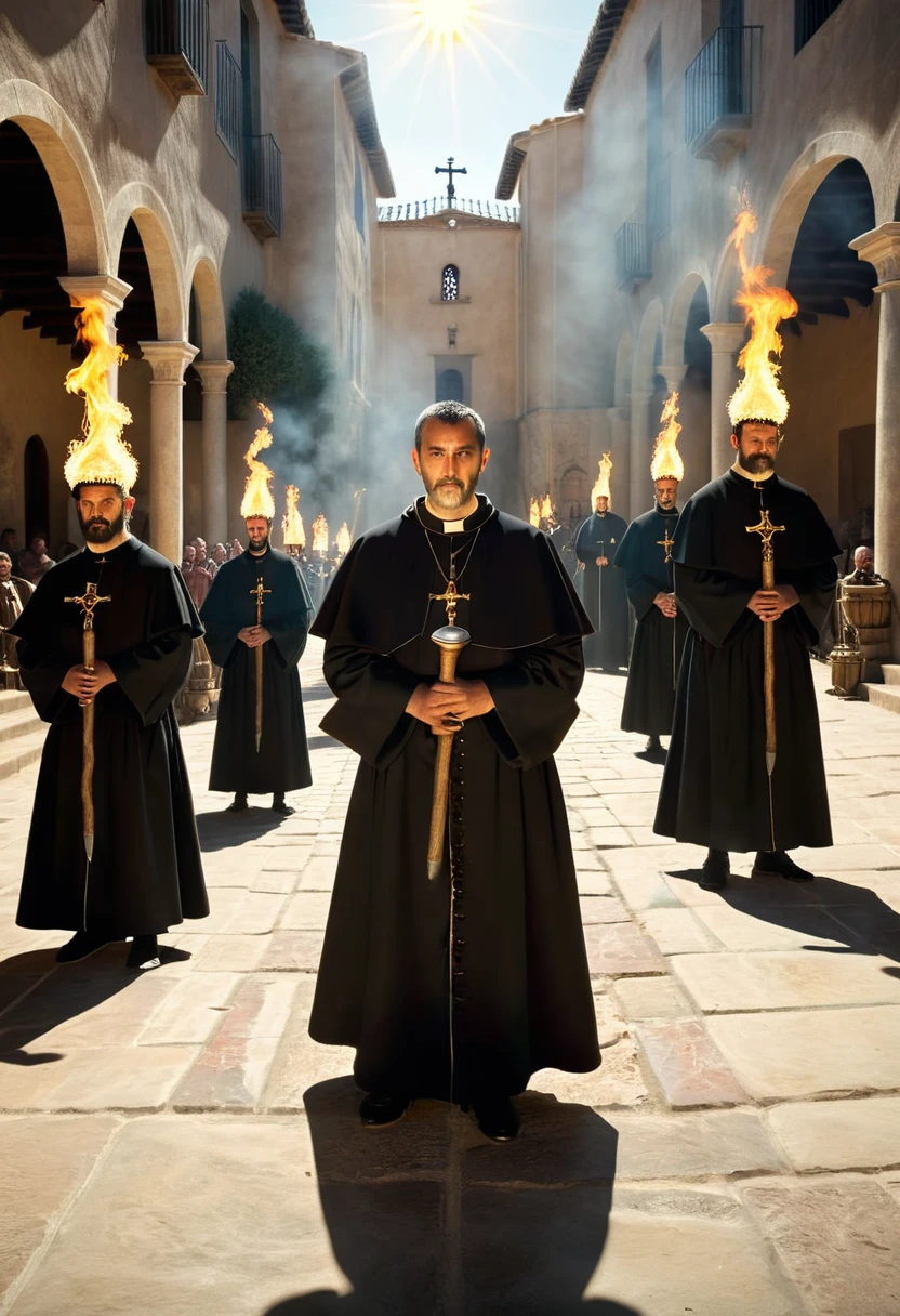 Medium plan.Torches. historically accurate Spanish priests 1400's, 8k, wide shot, cinematic composition, volumetric light, high detail, 8k, hdr, realistic, photography, angry and violent men, sunlight, cinematic, photorealistic, cinematic lighting, cinematic filter, sharp focus, teaching Naive Americans Christianity