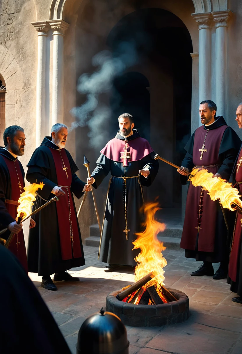 Medium plan.Torches. historically accurate Spanish priests 1400's, 8k, wide shot, cinematic composition, volumetric light, high detail, 8k, hdr, realistic, photography, angry and violent men, sunlight, cinematic, photorealistic, cinematic lighting, cinematic filter, sharp focus, teaching Naive Americans Christianity