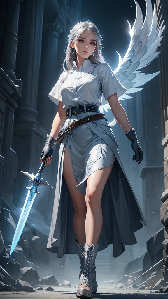 a young woman with gray hair and gray eyes, wearing a white shirt, long blue skirt, gloves, belt, and boots, holding a long silver spear, angel wing on her back, detailed face, beautiful eyes, high quality, detailed illustration, elegant, fantasy, realistic, dramatic lighting, cinematic, digital art, concept art, vibrant colors, masterpiece