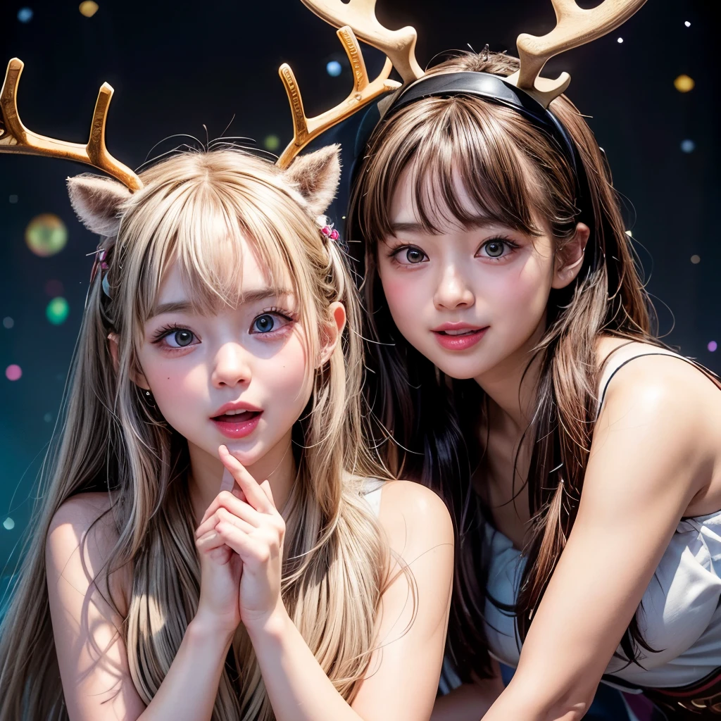 NSFW, 8k, High-level, absurd, masterpiece, best quality, primitive, very detailed CG, very detailed wallpaper, perfect lighting, Extremely detailed (((The personifying " トナカイ " as a ))), MysticSight, Tyndall effect, Tyndall scattering, Studio gray background with (many Dazzling RainbowColor particles BokeH:1.28), (RoundlyButts, ThighGap), (Exposed:0.4), (Assfocus with looking ahead), BREAK (NOGIZAKA face variations) Extremely Detailed very KAWAII face variations, perfect anatomy, Childish, captivating gaze, elaborate detailed Eyes with (sparkling highlights:1.28), long eyelashes、Glossy RED Lips with beautiful details, Coquettish tongue, Rosy cheeks, Radiant PearlSkin with clear transparency . { (Dynamic LifeLike expressions:1.4) | :d) }, (large eyes:-1) .