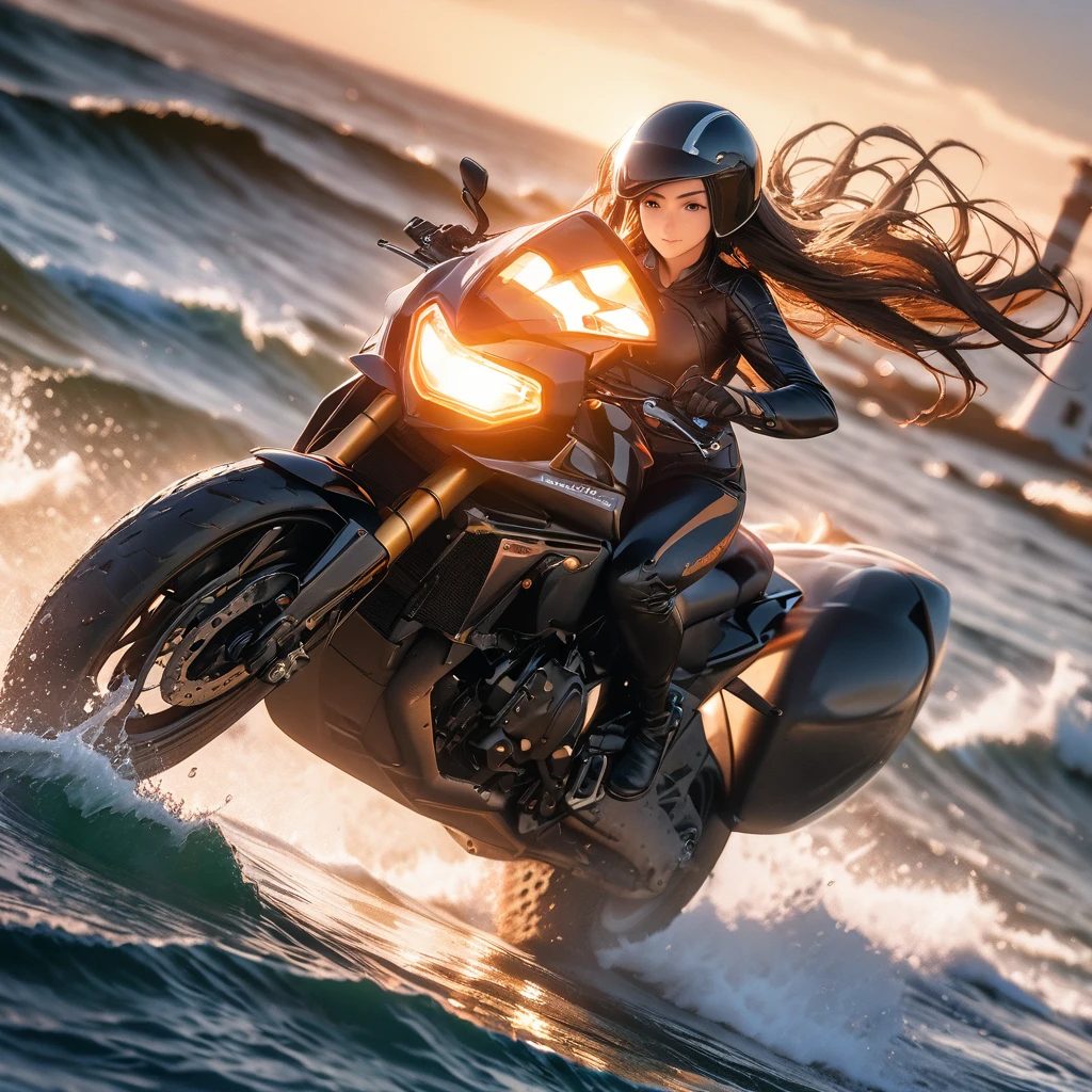 (masterpiece, photo_real, official art, octane-render):1.4, 1 girl, heart_shaped_face, detailed indigo eyes, ((perfect hands)), busty, serious, playful,
jet helmet, black jacket, riding pants, riding boots, fluttering black long hair, glossy skin, strong wind, water, wind, dynamism, power, (pov), touring_motorcycle, full power sprint, fun ride, (sea, cape, lighthouse), detailed and delicate clothes, smiling girl on an off-road bike, golden_hour, ethereal lighting,