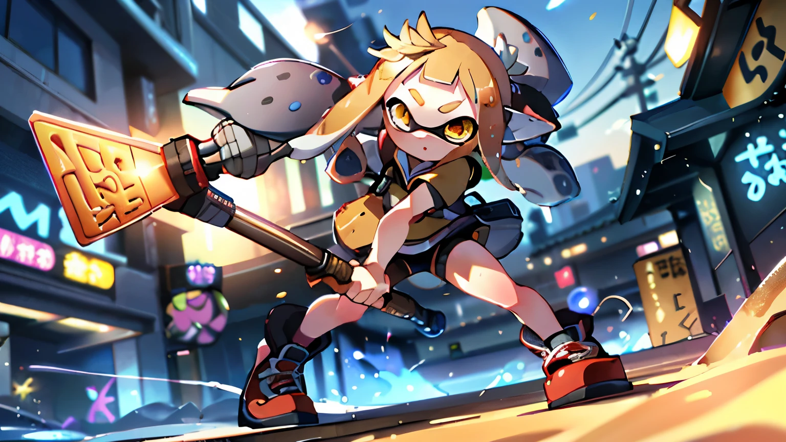 masterpiece、Highest quality、High resolution、Real Anime、3d、Disorganized, High Resolution, Super detailed,
Splatoon Girl, Golden Eyes、adze, Fighting against small fish monsters,
Outdoor, Low angle shot, Motion Blur