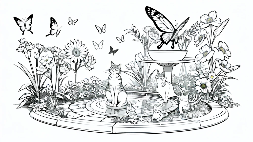 A cat exploring a garden full of flowers, butterflies, and a birdbath. line art, cartoon character, 3d style, high-quality, coloring book, hand-draw, cats main model.