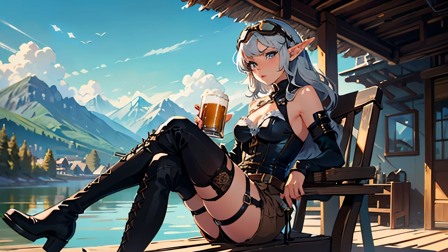 masterpiece, high quality, 1_woman, ((full body)), ((sitting)), sitting in chair, (exotic skin_complexion:1.4), mature, (looking away from the viewer), (pouting face), tall, beautiful, exotic, with long elf ears, long hair, silver hair, detailed face, having diamond shaped eyes, blue eyes, (dark_eyeliner), long_eyelashes medium_bust, wearing Steampunk corset, chest window, (brown shorts), crossing belts, (goggles on head), long fingerless_gloves, belts with metal gears, black thigh highs with embroidery, knee boots with laces, dynamic lighting casts detailed shadow, riverside village, cafe, beer mug, mountains in distance, sunny day, 