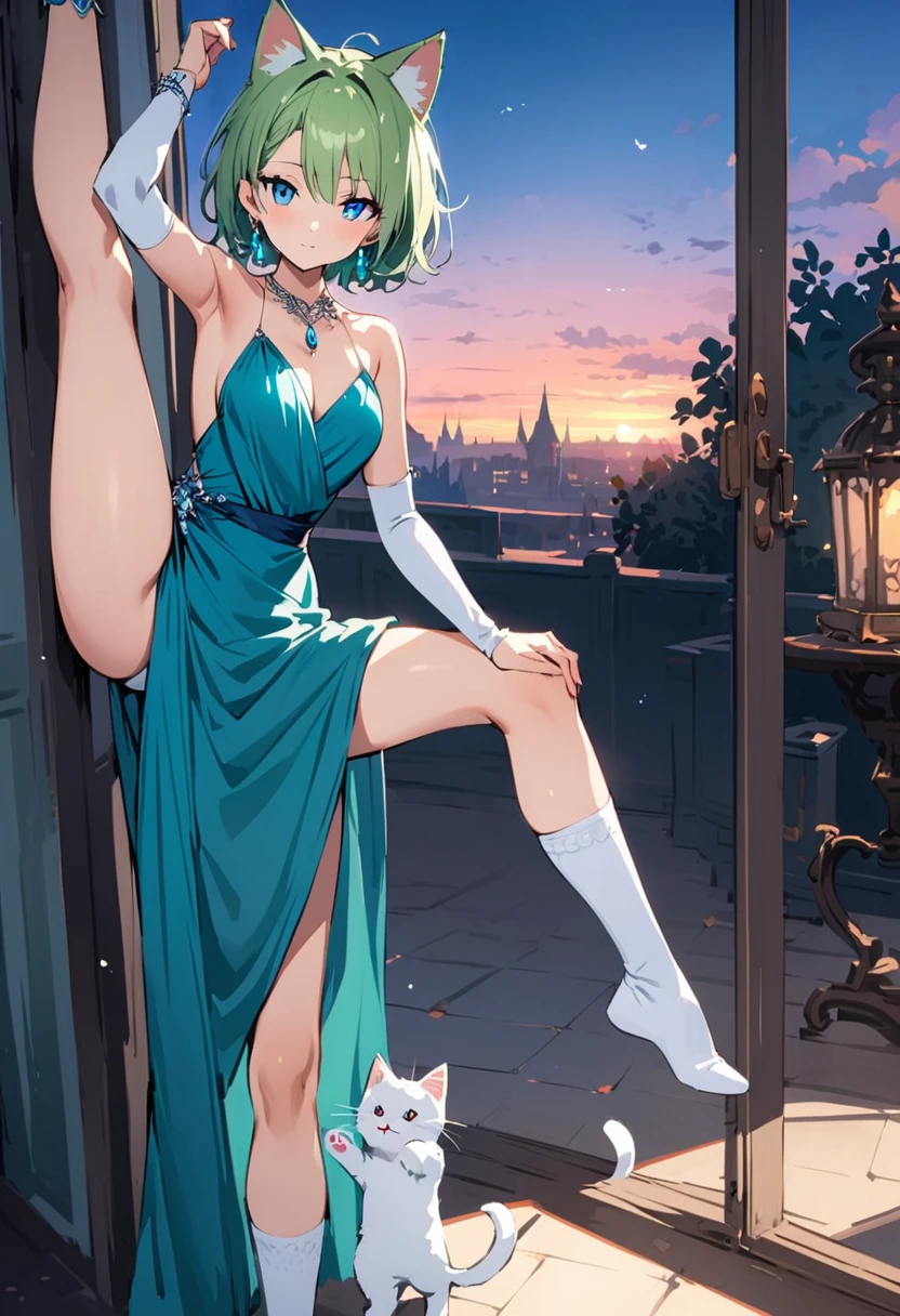 masterpiece, Highest quality, Illustrations for novels, High resolution, 18+ Adult content, Sensual, Intimate, Emotional, Passionate, romantic, sweet, Adorable, Innocent, Pure, Enchanting, Enchantingな, attractive, mysterious, Enchantingな, Enchanting, Immersive, Enchantingな, dream-like, Surreal, Imaginative, Whimsical, Artistic, Avant-garde, timeless, elegant, Sophisticated, chic, Sophisticated, Individuality, original, Enchantingな,One girl,Deltamon_beta, alone, blue eyes, Knee socks, Animal ears, Bare shoulders, Blue Tail, Earrings,Removable sleeves, Green Hair, No sleeve, Cat ear, bag, white Knee socks, Cat's Tail,pink backpack,Pink school bag,Lavender lace: Lavender Peter Pan collar lace dress, Paired with ivory tights and Mary Jane shoes.,Cherry-blossom viewing, azalea, satsuki, azalea blizzard,
rest ((Avoidance method ((kitten:1.3)), Evening Dress,evening dress,Evening Dresses:1.3))、Upper Body, alone,Are standing_Split,