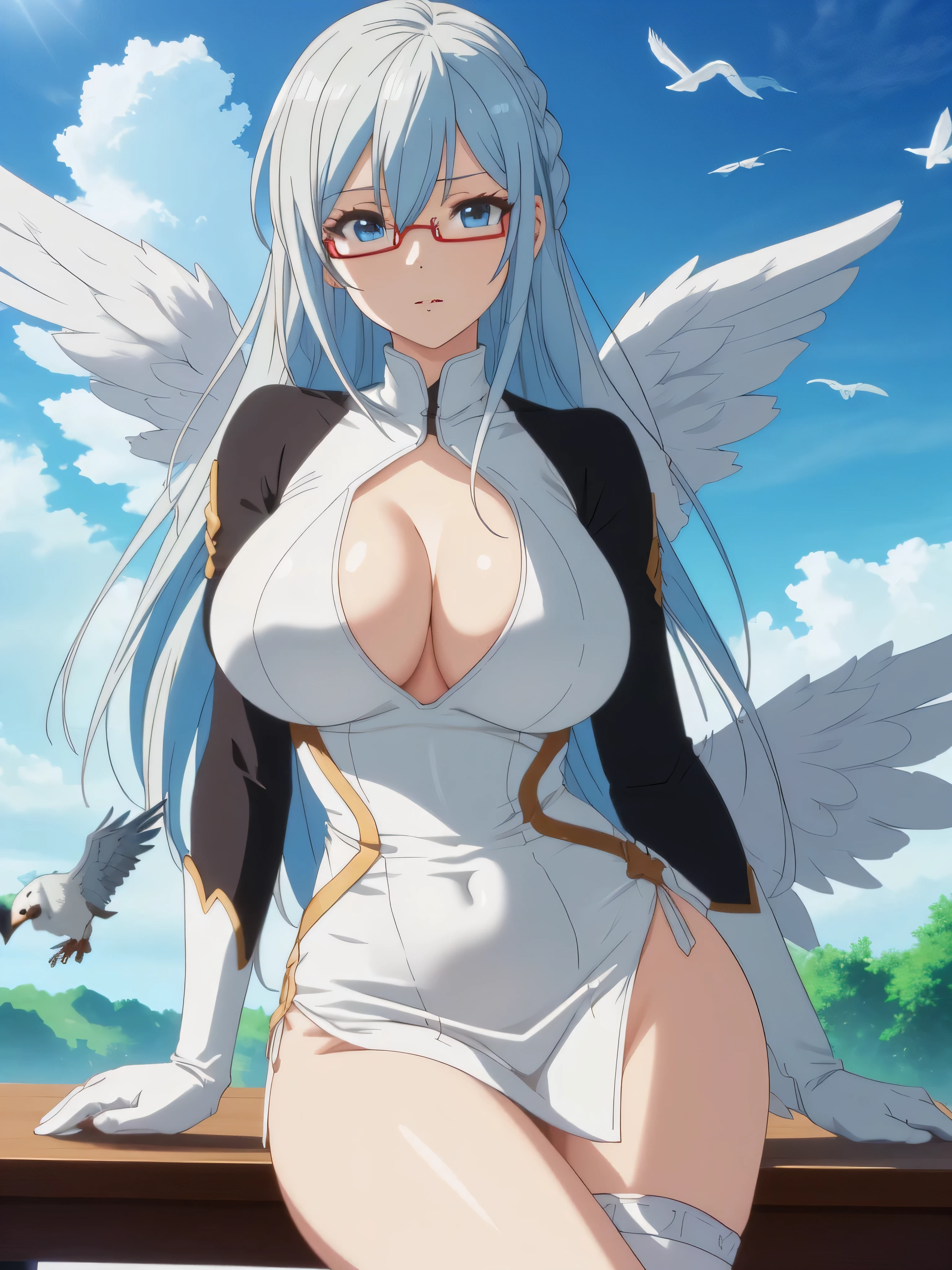 eleonora bonnefoy, sexy, (doggy style: 1.2), table top, (penetration: 1.2), silver hair, blue eyes, glamorous body, angel wings, (beautiful one-piece dress, pure white), (big breasts: 1.6), beautiful cleavage, (white elbow gloves), wide hips: 1.2, big ass: 1.3, (flapping in the sky, flying sexy pose, big), (four fingers, one thumb), (shooting, front, from below), (sky background, clouds, sun, bird, in the sky), (ultra-detailed animation, 32K ultra-high quality, masterpiece)