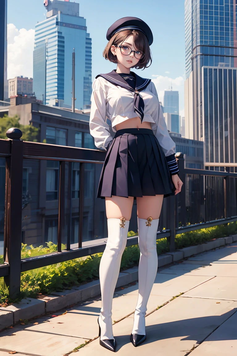 Best quality, Masterpiece, white thighboots, pleated skirt, sailor uniform, beret, glasses, short hair, medium breasts, cleavage, full body, city, high heels boots, navel