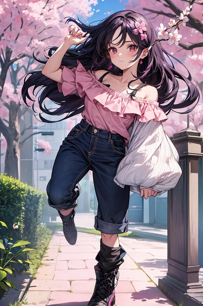 1girl, holding up a sapphire flower over her mouth, black pink hair ombre, park with cherry blossom background, harajuku style fashion, off shoulder, short jeans pants, halfbody, hair flow, halfbody