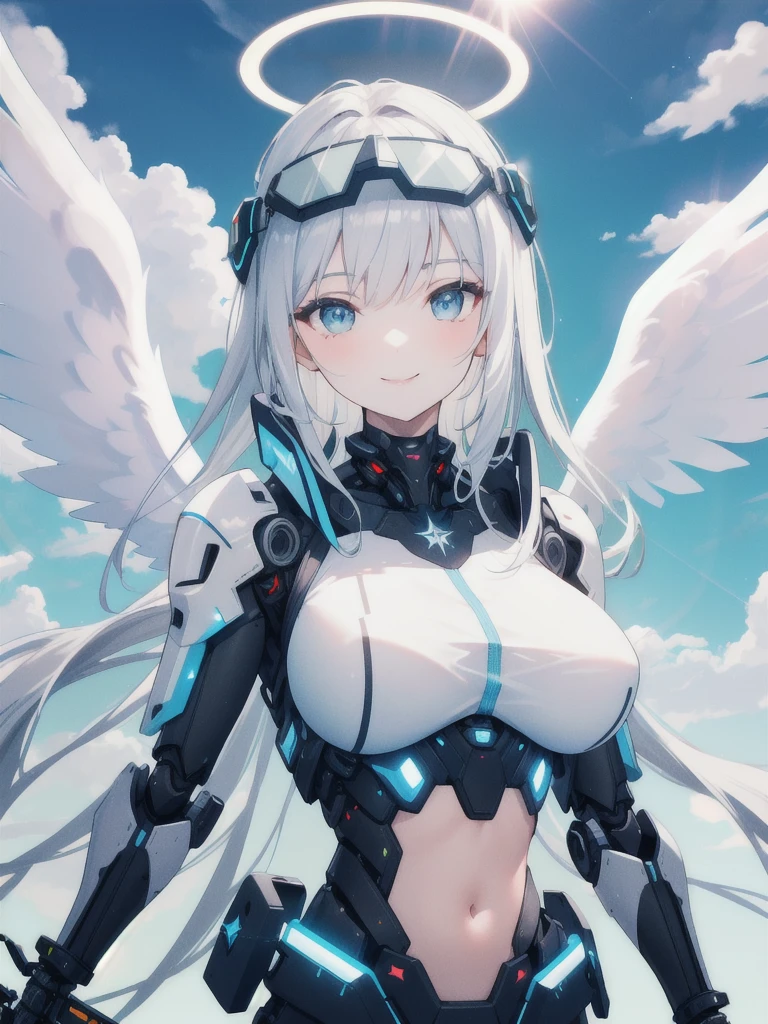 (masterpiece:1.2), (best quality:1.2), newest, intricate details, ai-generated, perfect anatomy, shadows, dark theme, depth of field, volumetric light, detailed beautiful face and eyes, angel with long hair and blue eyes and large breasts, mechanical wings, futuristic crop top body armor futuristic beautiful white city as background, futuristic blue clear visor, head mounted display, wearing futuristic exoskeleton, futuristic augmentation, embossing decoration on body, deep black trim on exoskeleton, angel luminescent mechanical halo on head, she smiling closed mouth, flying, beautiful sky with clouds and shiny sun with lens flare, focus on upper body