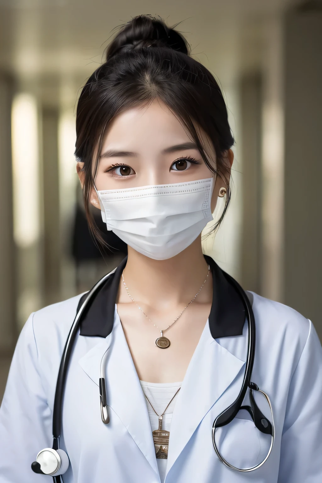 Beautiful young woman、 Korean women、Black Hair、Necklace around the neck、White、Stethoscope、Hairstyle bun、Mask on mouth、Intricate details, Very detailed:1.2), 、 Looking into the camera,The background is the corridor of the hospital.、ear piercing
