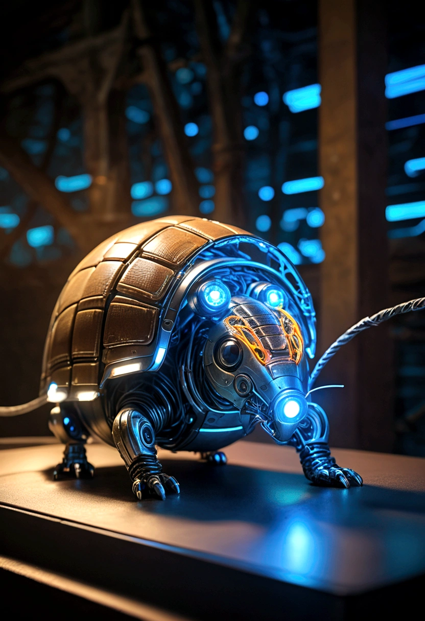 Armadillo Robot、Perfectly round、Visually, several glowing sensors on the surface of the armor are analyzing the situation in real time.。 I can see glowing effects and digital lines。Translucent movie stills (Cybernetic robot armadillo:1.5), (Glowing Veins:1.3) (The cable enters the body, circuit:1.3), Very detailed, Vignette, Very detailed, High budget, Bokeh, Sulky, amazing, nice, Film Grain, granular