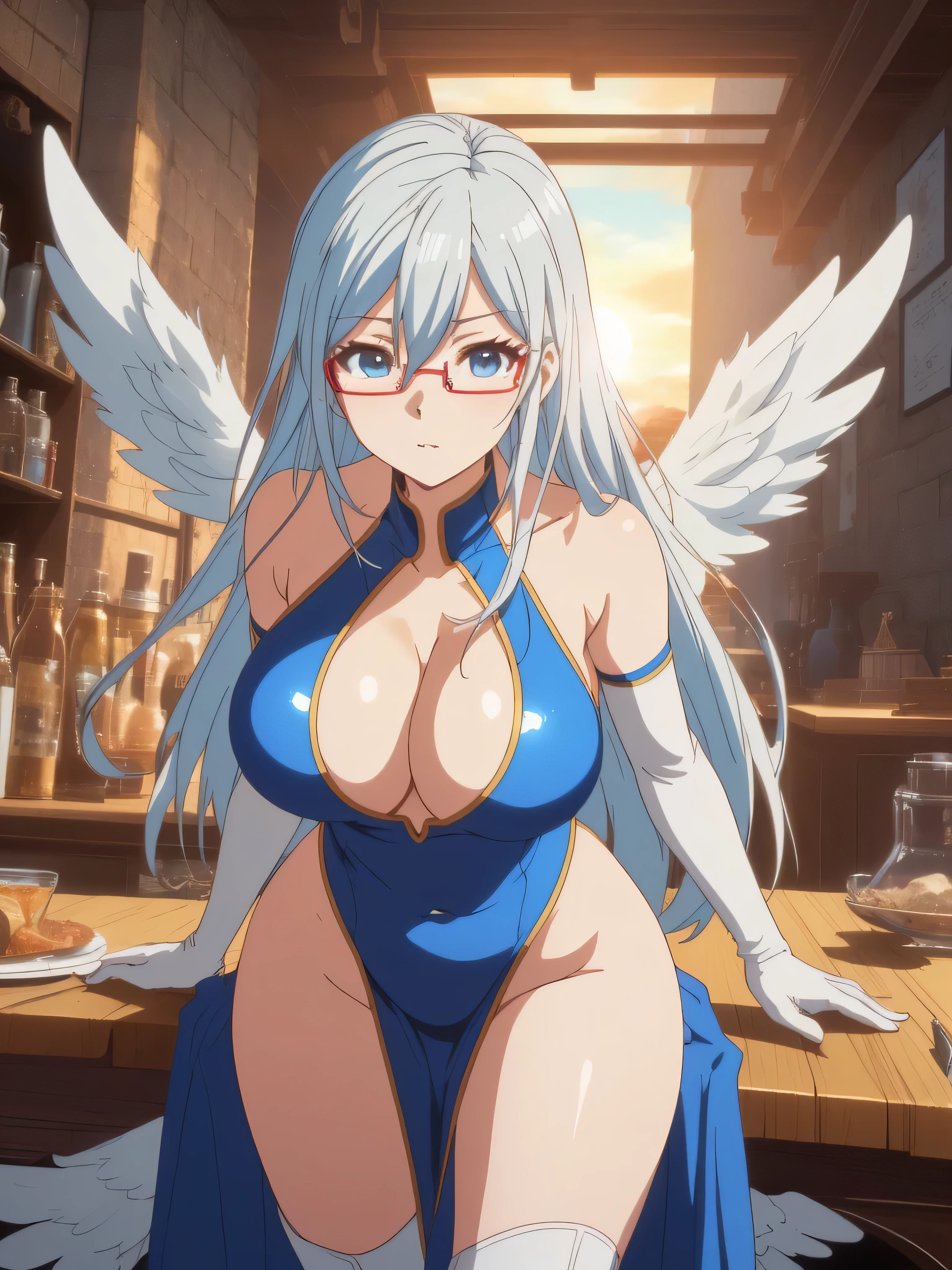 eleonora bonnefoy, sexy, (doggy style: 1.2), table top, (penetration: 1.2), silver hair, blue eyes, glamorous body, angel wings, (beautiful one-piece dress, pure white), (big breasts: 1.6), beautiful cleavage, (white elbow gloves), wide hips: 1.2, big ass: 1.3, (flapping in the sky, flying sexy pose, big), (four fingers, one thumb), (shooting, front, from below), (sky background, clouds, sun, bird, in the sky), (ultra-detailed animation, 32K ultra-high quality, masterpiece)