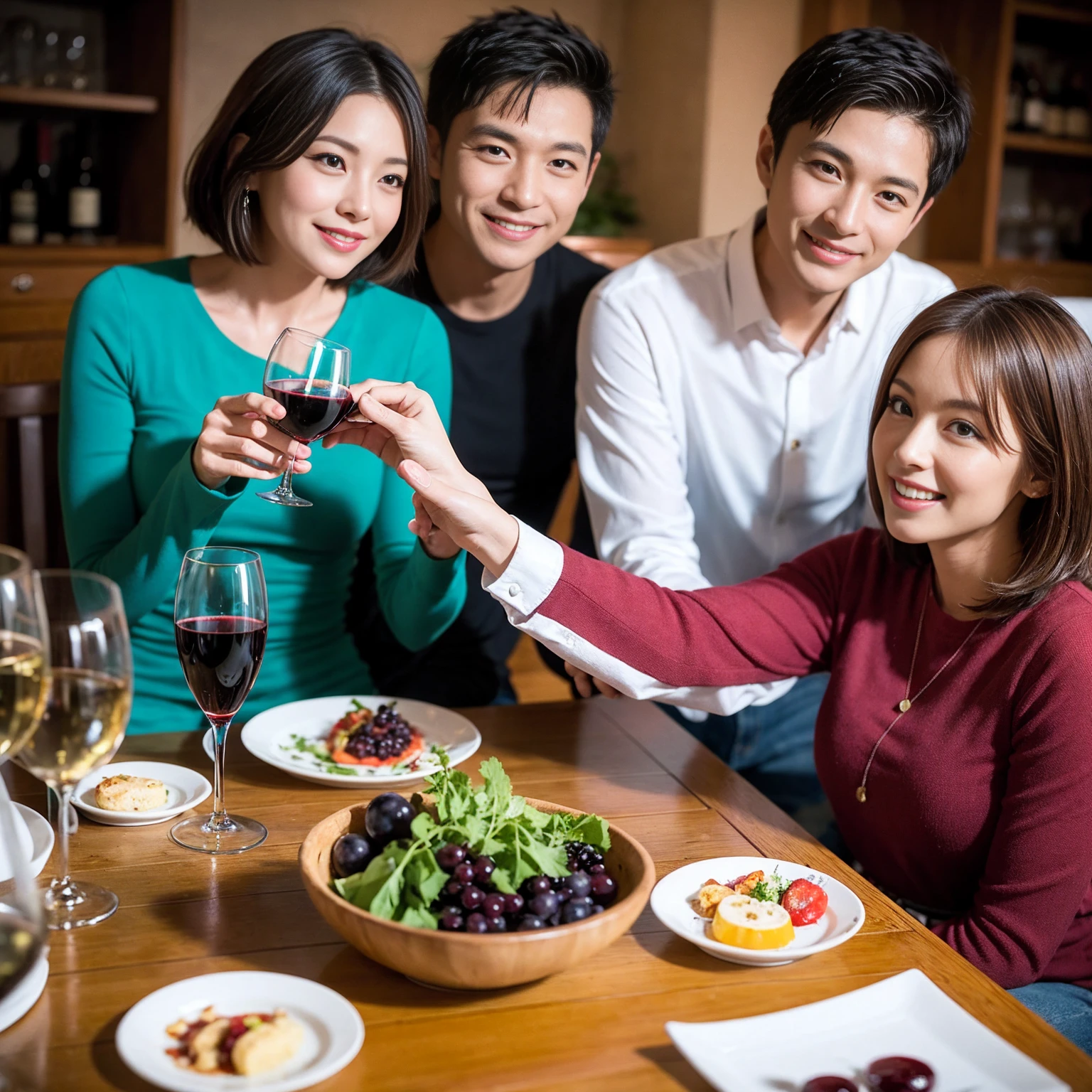 ((Highest quality、8K、masterpiece:1.3))、 (Genuineistic, Genuine、Bright image、Intricate details:1.2), 最高のsmile、Slim Body、1 male 1 female、Beautiful couple、spouse、fiancee、Good friends、actress couple、smile、A full-course dinner with a full table、 (Slim face), (the body is slim), (Brown Hair), (short hair), テーブルのwine glass、Please shine a light on my face、 Amazing view of the sunset sky and clouds、 (42 years old)38 years old, red wine 、Wine bottle、sparkling wine、Long sleeve shirt、Blue Dress、White wine, red wine, wine glass,