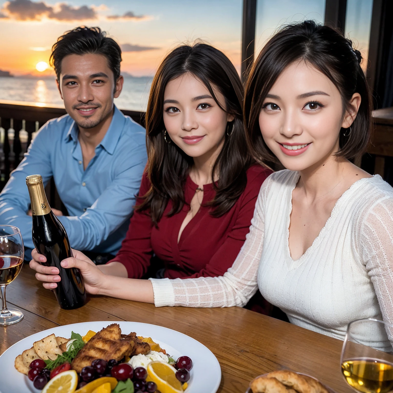 ((Highest quality、8K、masterpiece:1.3))、 (Genuineistic, Genuine、Bright image、Intricate details:1.2), 最高のsmile、Slim Body、1 male 1 female、Beautiful couple、spouse、fiancee、Good friends、actress couple、smile、A full-course dinner with a full table、 (Slim face), (the body is slim), (Brown Hair), (short hair), テーブルのwine glass、Please shine a light on my face、 Amazing view of the sunset sky and clouds、 (42 years old)38 years old, red wine 、Wine bottle、sparkling wine、Long sleeve shirt、Blue Dress、White wine, red wine, wine glass,