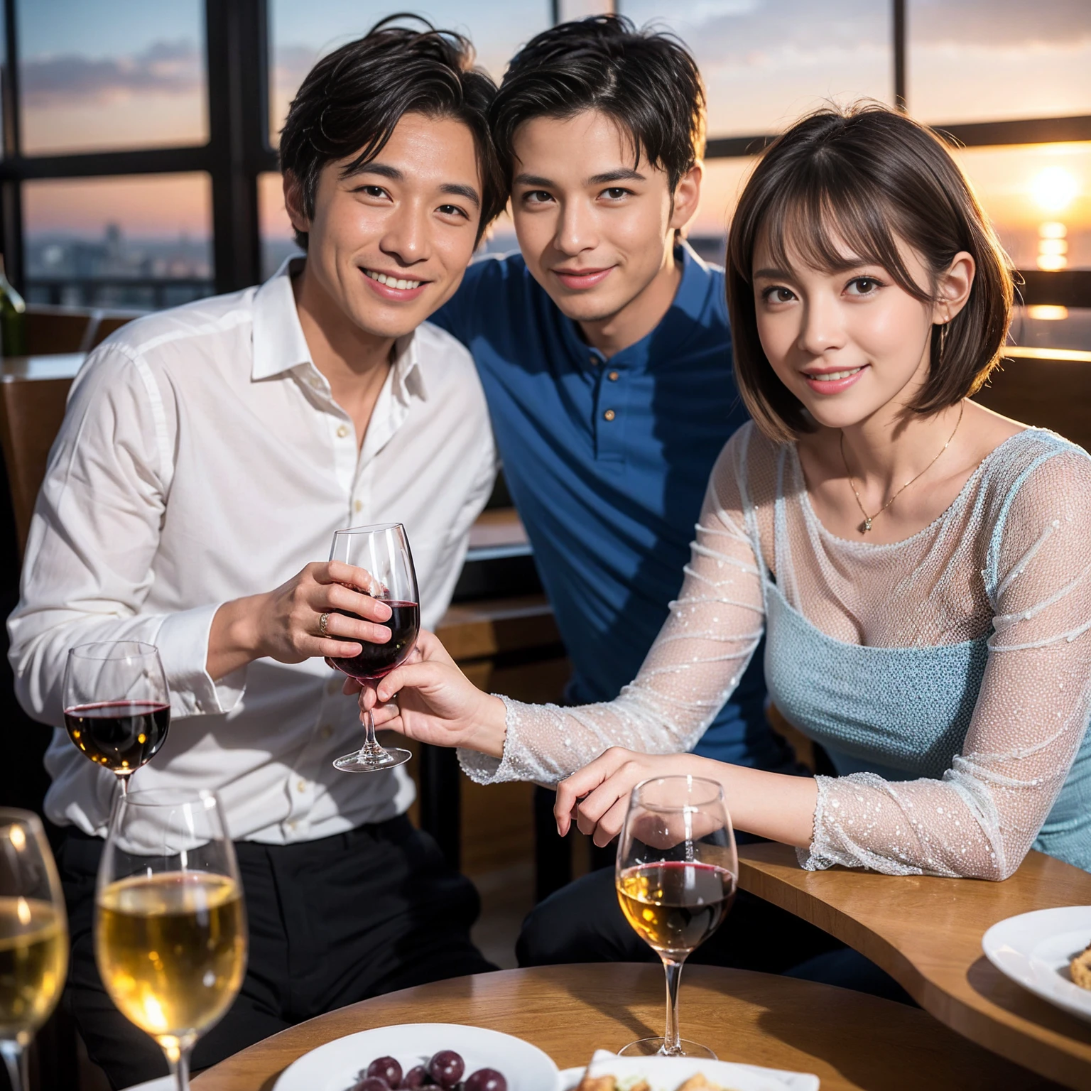 ((Highest quality、8K、masterpiece:1.3))、 (Genuineistic, Genuine、Bright image、Intricate details:1.2), 最高のsmile、Slim Body、1 male 1 female、Beautiful couple、spouse、fiancee、Good friends、actress couple、smile、A full-course dinner with a full table、 (Slim face), (the body is slim), (Brown Hair), (short hair), テーブルのwine glass、Please shine a light on my face、 Amazing view of the sunset sky and clouds、 (42 years old)38 years old, red wine 、Wine bottle、sparkling wine、Long sleeve shirt、Blue Dress、White wine, red wine, wine glass, 