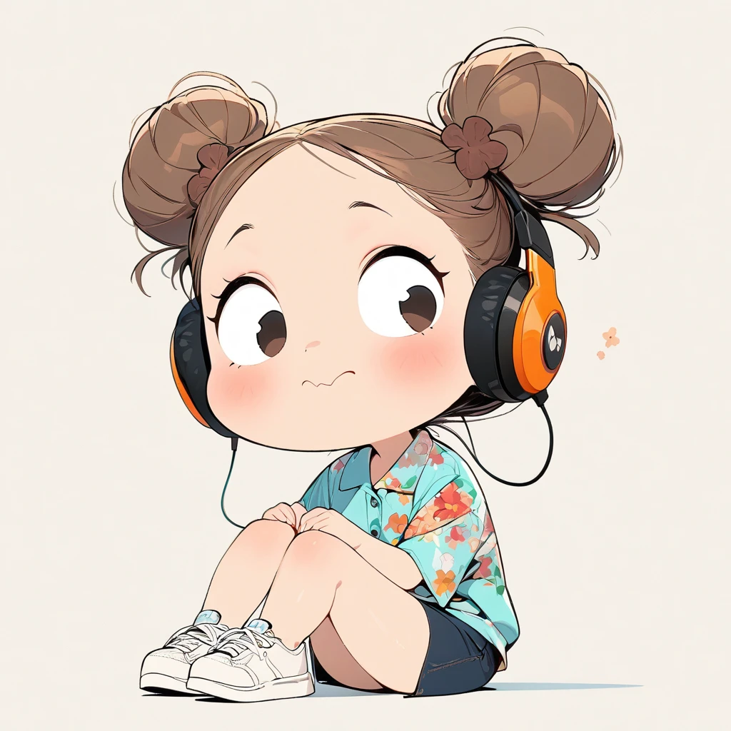 (masterpiece, highest quality:1.2), Cartoon style character design。Pure white background,1 girl wearing headphones, alone,Big eyes,Cute expression,Two buns hair,Floral Shirt,Work clothes,White sneakers,stand,interesting,interesting,Clean Lines,Solid color background,Vibrant colors ,exceptionally high detail