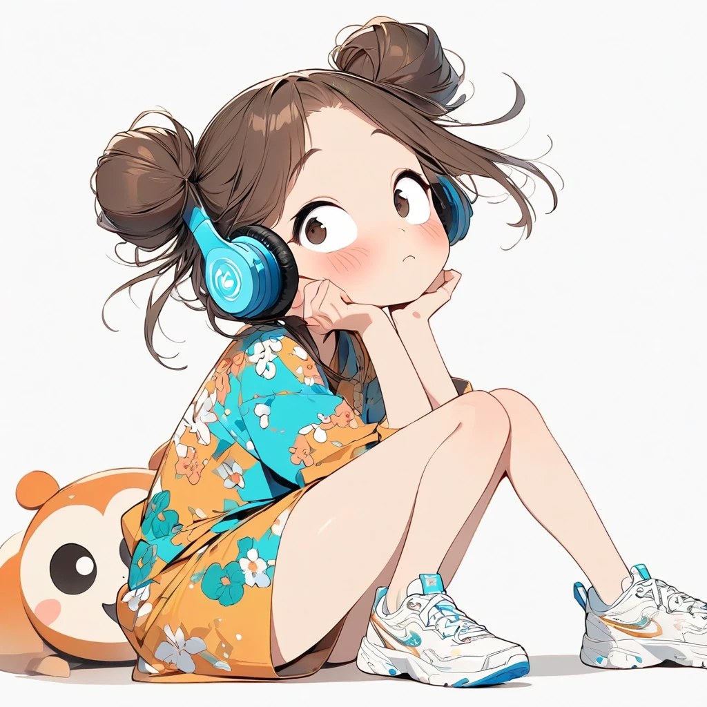 (masterpiece, highest quality:1.2), Cartoon style character design。Pure white background，1 girl wearing headphones, alone，Big eyes，Cute expression，Two buns hair，Floral Shirt，Work clothes，White sneakers，stand，interesting，interesting，Clean Lines，Solid color background，Vibrant colors ，exceptionally high detail