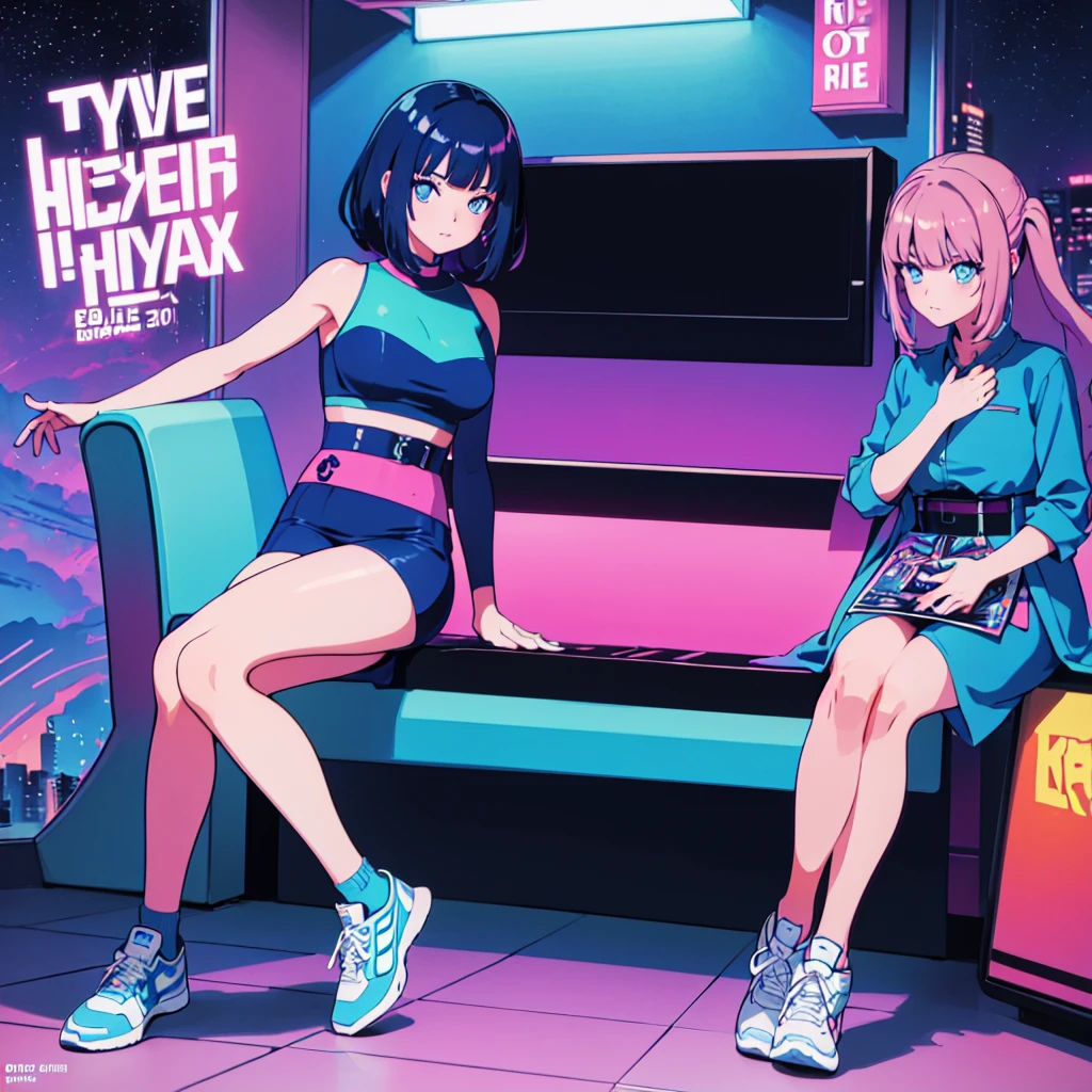 (masterpiece), Highest quality, Expressive eyes, Neon pastel aesthetics, Retro 90s, Neon color,((Girl sitting on sofa,In a cozy room,Records hanging on her wall, Comic books on the floor, Looking out the window behind her at the night city, Upholstered room, Anime figures lined up on a shelf)), Wearing headphones, (All around her it sparkles), (wearing thick colorful sneakers), (blue eyes), (Soft look), (Synthwave Art Style), Colorful Hair, Desk with PC set up