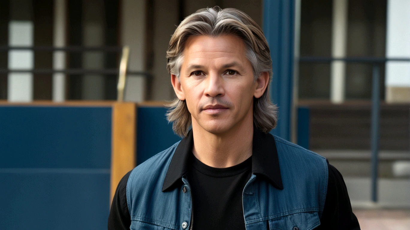 a young man called lineker, 50 years old, he has a face similar to Jon Bom Jovi, he has light hair, brown eyes, black blouse, black pants, black sneakers, he is at the door of his house