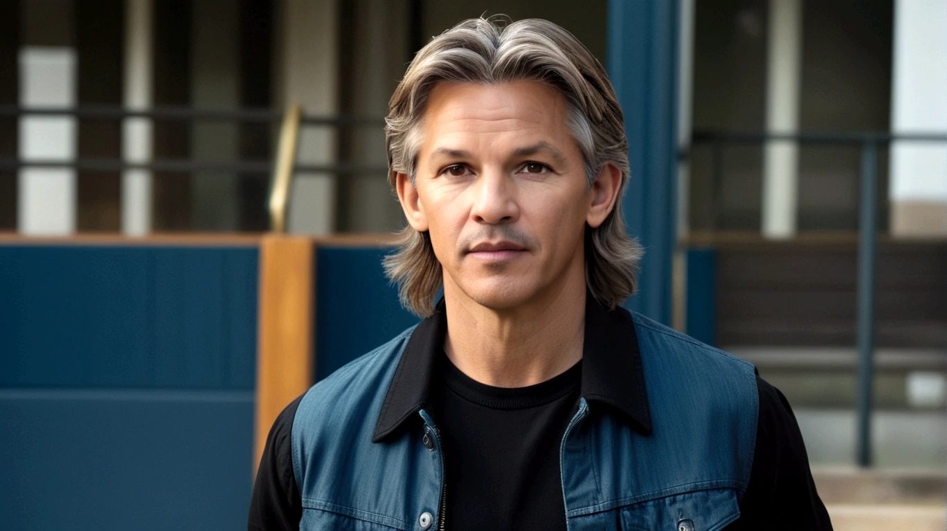 a young man called lineker, 50 years old, he has a face similar to Jon Bom Jovi, he has light hair, brown eyes, black blouse, black pants, black sneakers, he is at the door of his house
