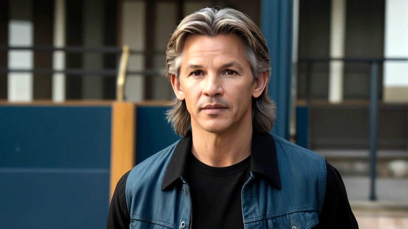a young man called lineker, 50 years old, he has a face similar to Jon Bom Jovi, he has light hair, brown eyes, black blouse, black pants, black sneakers, he is at the door of his house